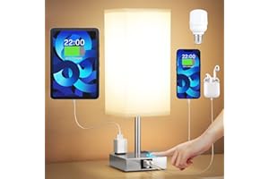 AOOSHINE 【Upgraded】Bedside Table Lamp Touch Control, with USB C+A Charging Ports & Dual AC Outlets, 3-Way Nightstand Lamp for Bedroom with LampShade Living Room Office(LED Dimmable Bulb Included)