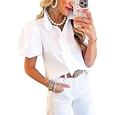 Disamer Womens Puffy Sleeves Tops Button Down Shirt Ruffle Shirt Short Striped Work Tops Trendy Babydoll Stand Collar Blouse