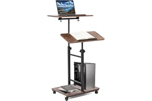 CUISIBOT Multi-Purpose Lecterns & Podiums, Portable Mobile Standing Laptop Desk, Height Adjustable Rolling Podium Stand with Storage 2 Swivel Top,Sit Stand Lectern Desk Workstation for Classroom Church (Brown)