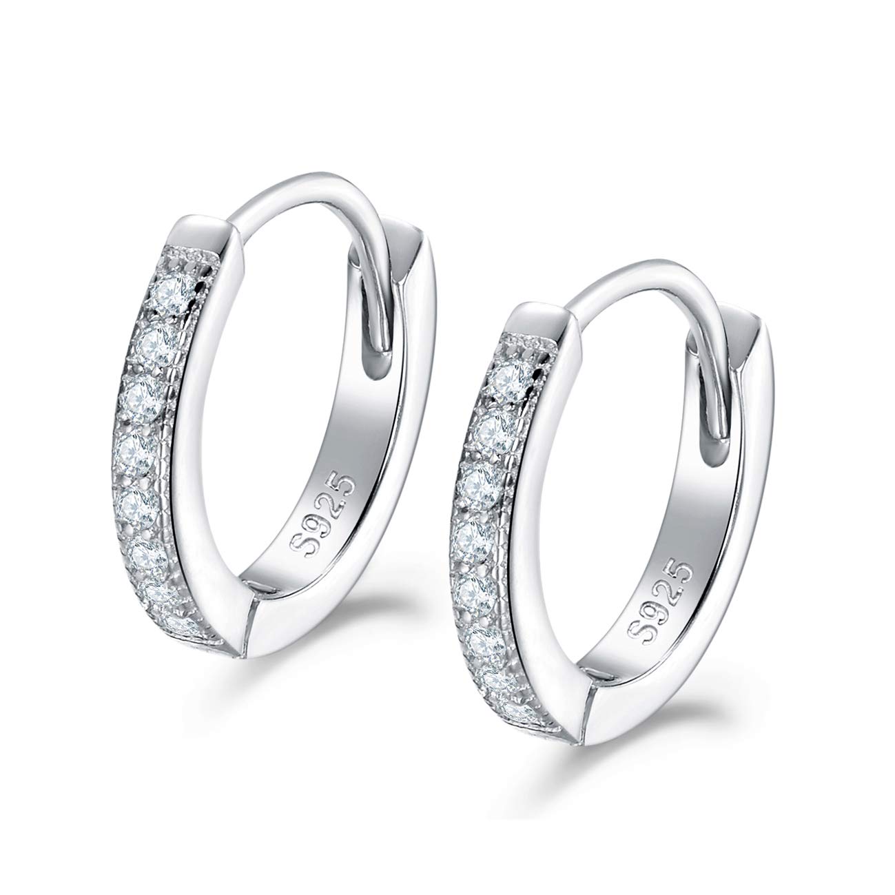 Shuxin Silver Hoops Earrings for Women, 925 Sterling Silver Huggie Hinged Earrings with AAA Cubic Zirconia, Diameter 13mm Hypoallergenic Small Sleeper Hoops