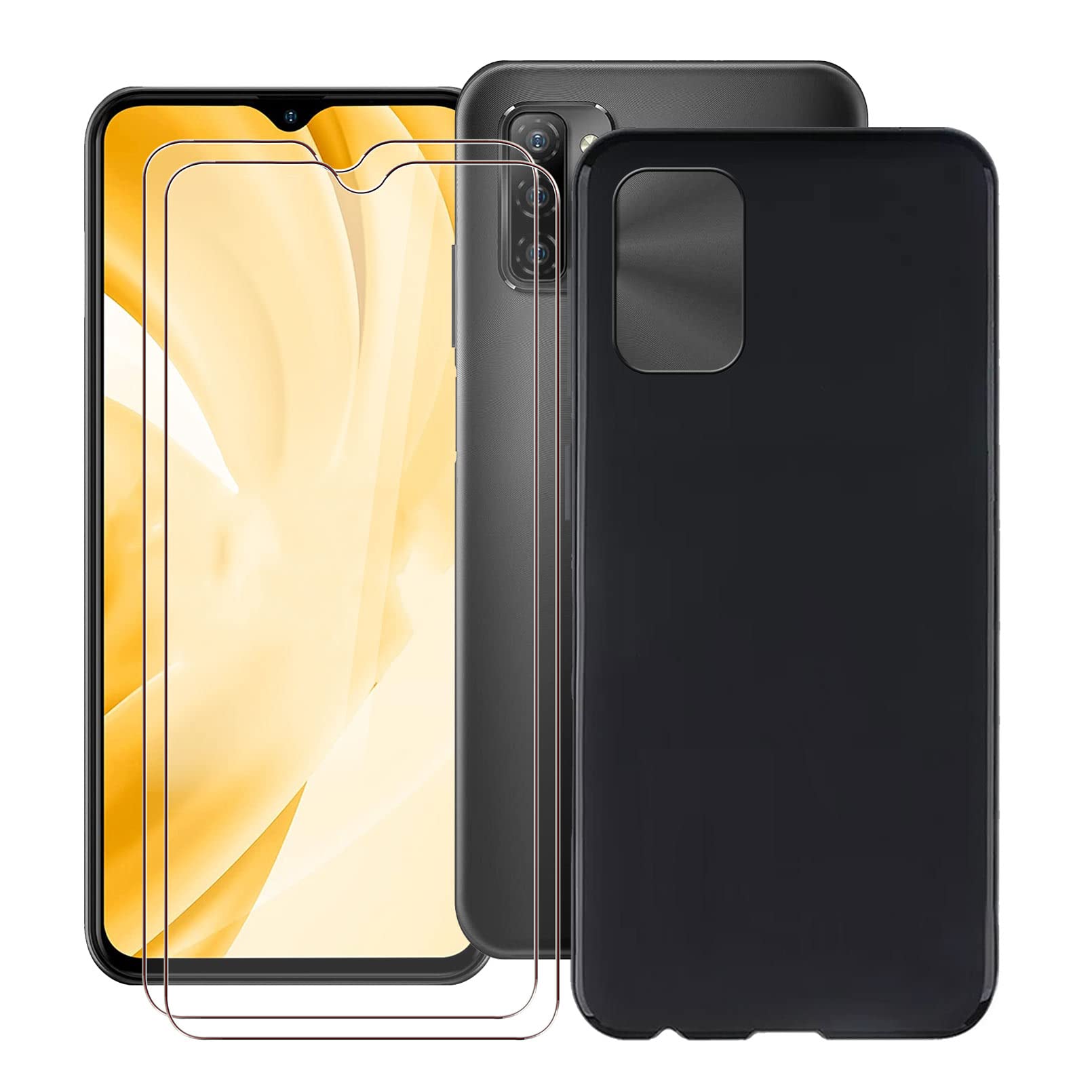 HHUAN Mobile Phone Case for Ulefone Note 12P (6.82 Inches) + 2 Pieces Tempered Glass Screen Protector, Black Soft Silicone Protective Case, ScratchResistant TPU Bumper Cover Case for Ulefone Note