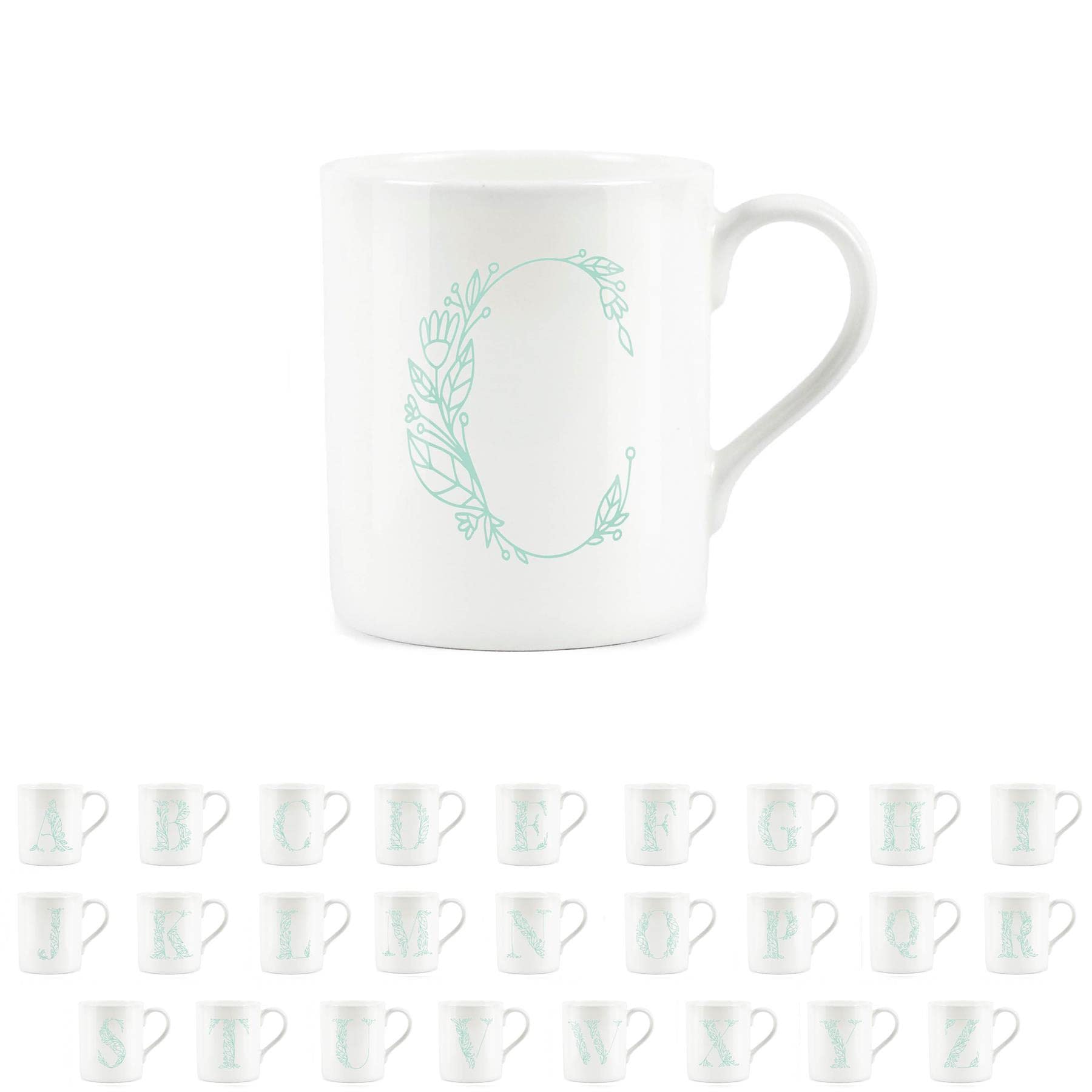 Purely Home Floral Green Letter C Mug - Fine Bone China Small Coffee Tea Mug Present Personalised Initial Gift