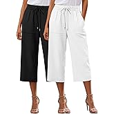 Riyiper 2 Pcs Women's Cotton Linen Blend Wide Leg Capri Pants, Drawstring Casual Cropped Trousers Loose Pants with Pockets