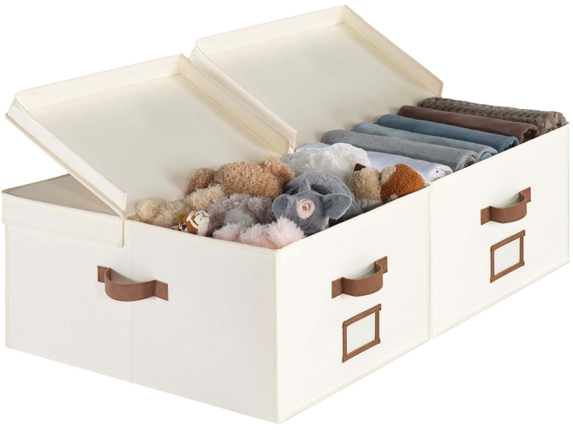 Photo 1 of StorageWorks Extra Large Storage Bins with Double-Open Lid, 55L Fabric Baskets with Divider Board, Boxes for Clothes, Linen Closet Organizers with Handles, Ivory White, 2-Pack