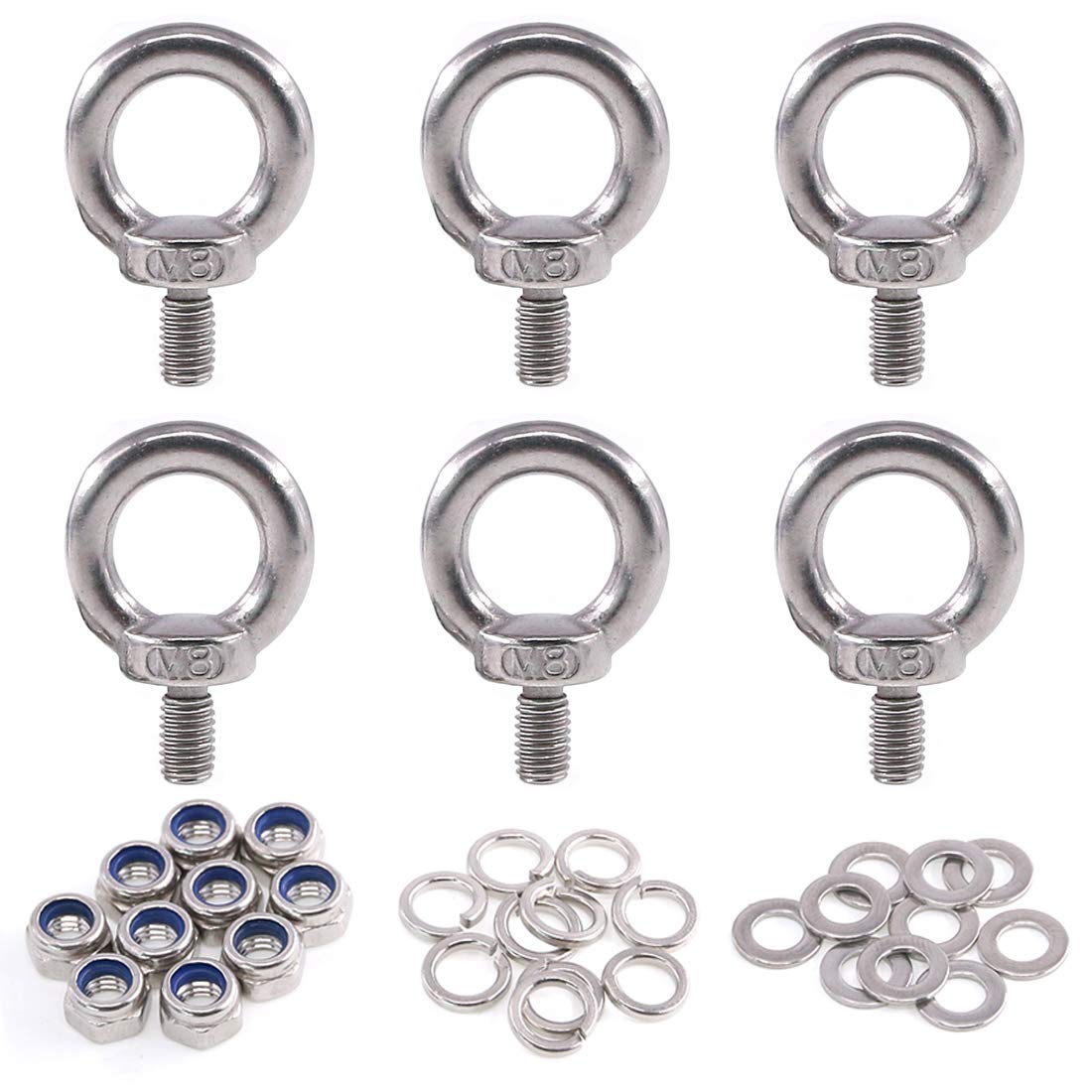Glarks 36Pcs 304 Stainless Steel M8 Male Thread Machinery Shoulder Lifting Ring Eye Bolt with Lock Nuts/Lock Washers/Flat Washers Set