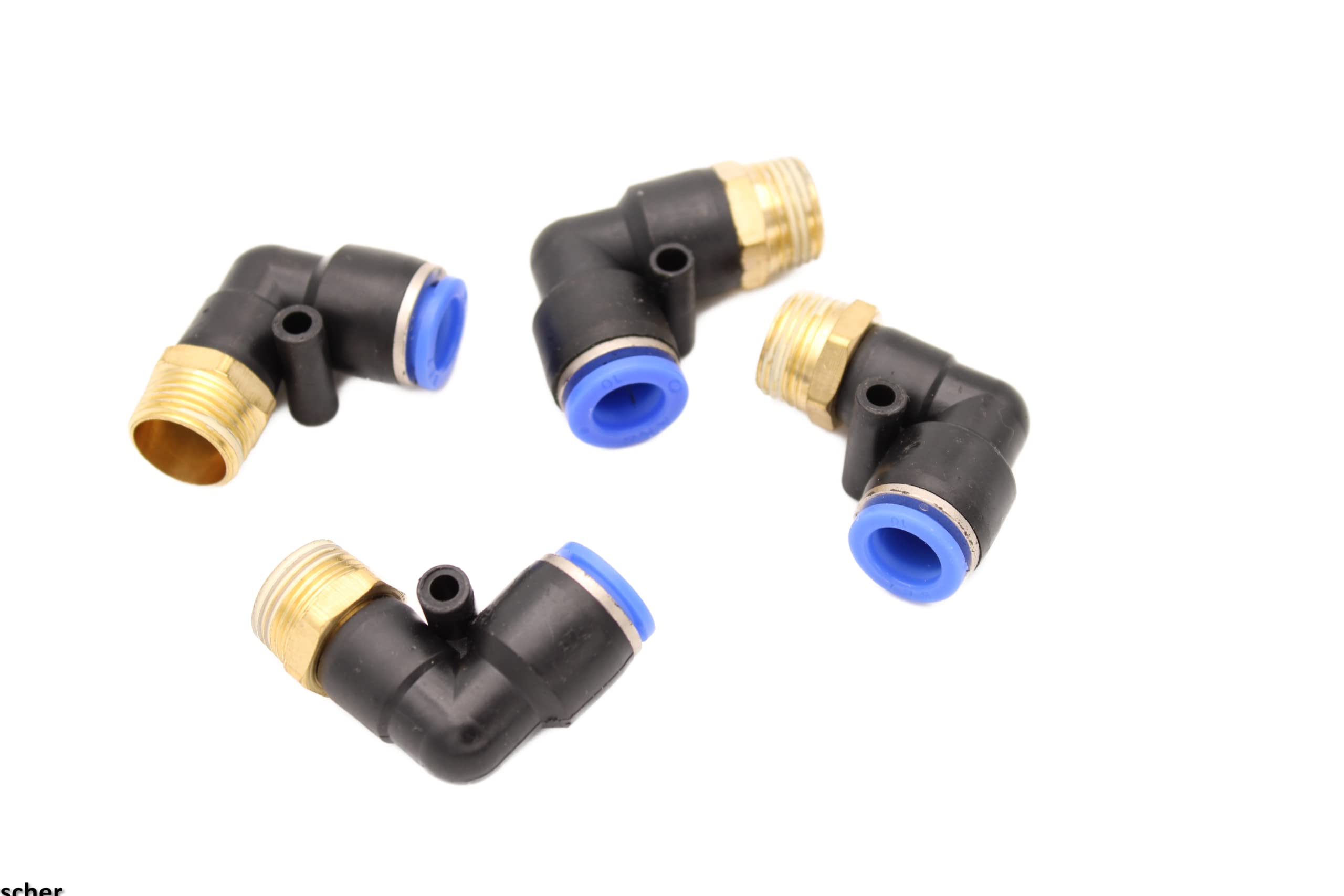Pneumatic Angle Plug Fitting 90° 3/8 Inch to 10 mm, Set of 4 Push In Compressed Air Connection Plug Connection (R 3/8 Inch - 10 mm)