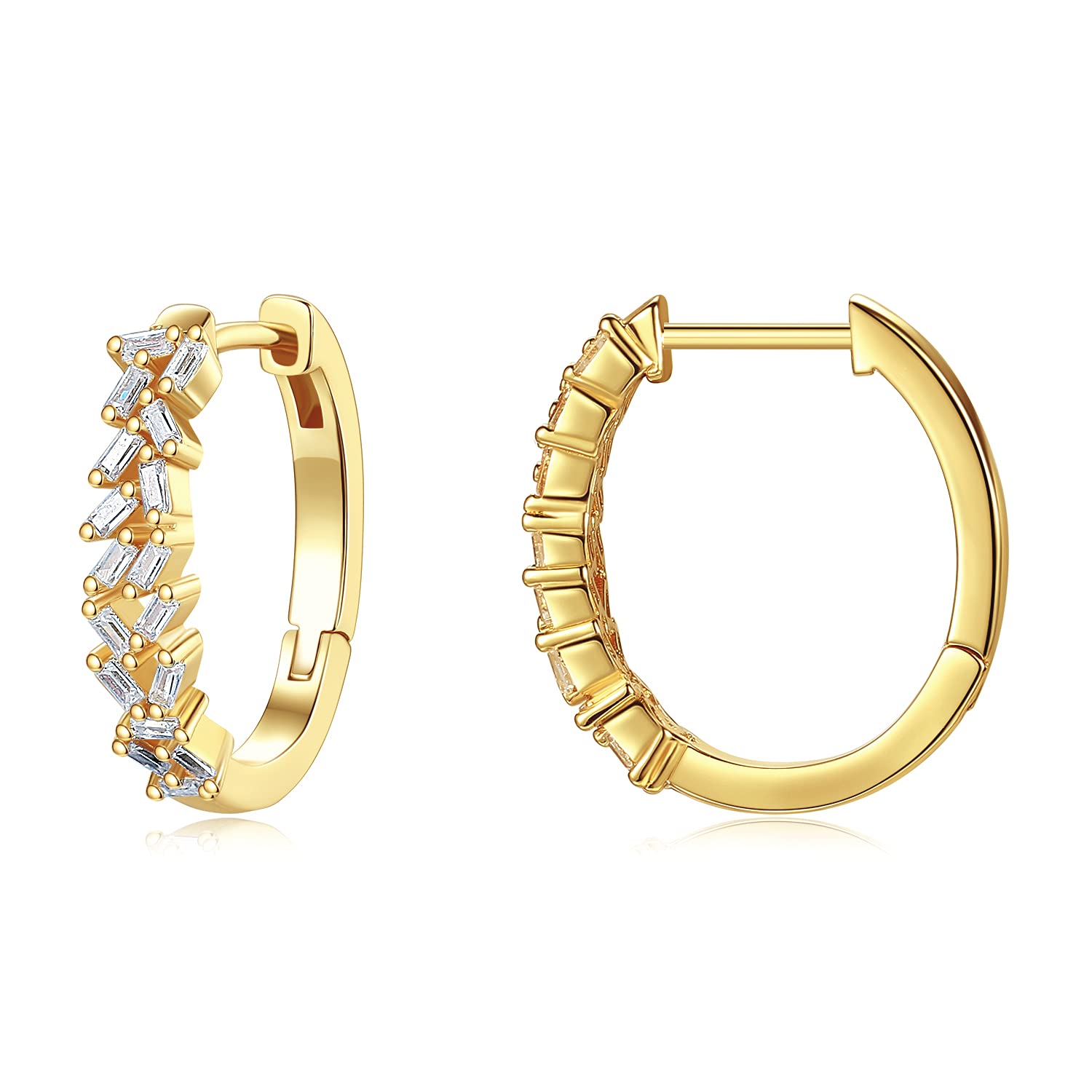 Gold Baguette Cut Cubic Zirconia Hoop Earrings - Hypoallergenic Sterling Silver Posts Lightweight Hoop Earrings for Women Birthday Gifts