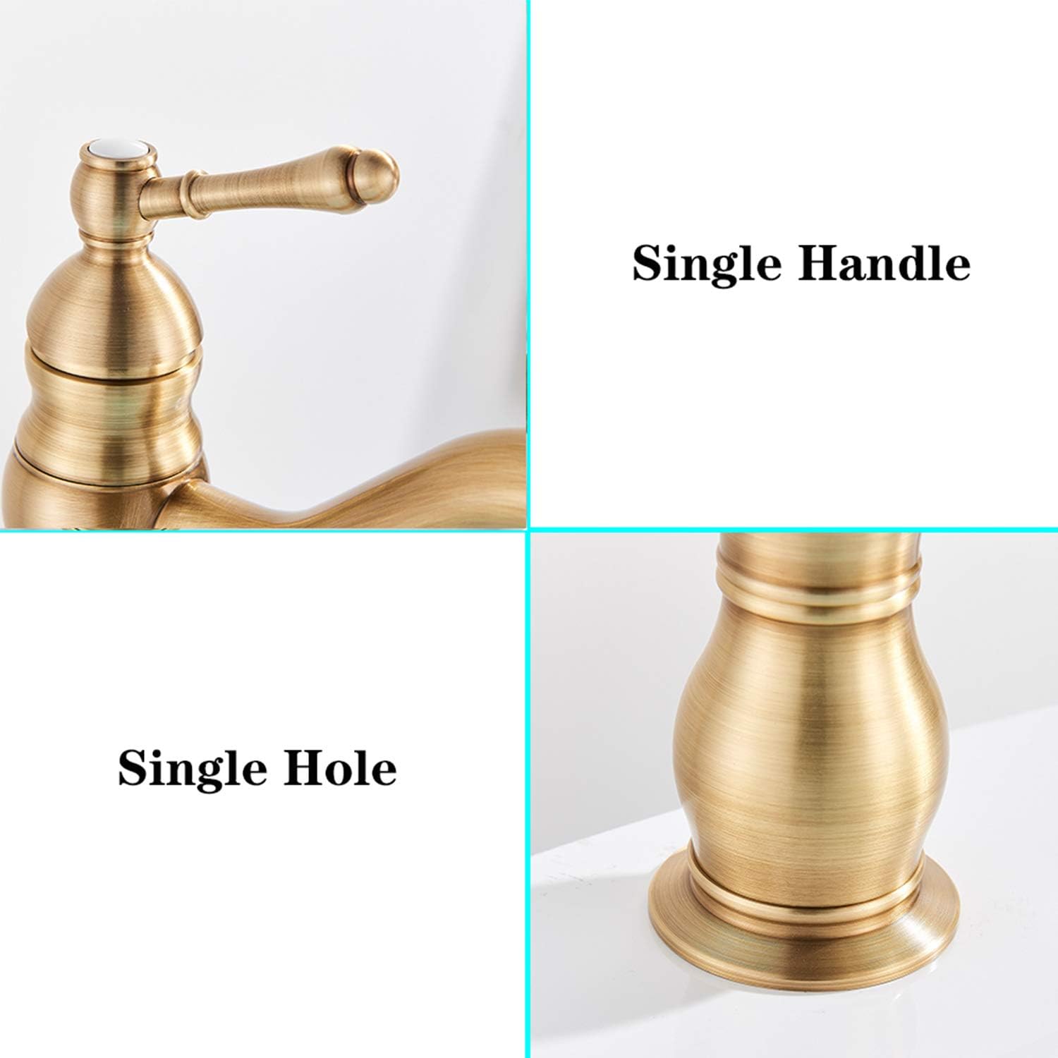 Rozin Antique Brass Bathroom Sink Tap Brass Single Hole Deck Mounted Basin Mixer Wash Sink Tap, Antique Brass Short Basin Mixer, Short - Image 4