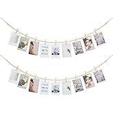 KLOGTSIND Hanging Photo Display Wall Decor, 2PCS Boho Wooden Bead Garland Collage Picture Frame with 9 Wood Clips for Bedroom