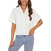 MINTLIMIT Womens Button Down Crop Tops Casual Short Sleeve Cropped Shirts Solid Lapel Blouse Shirt with Chest Pocket