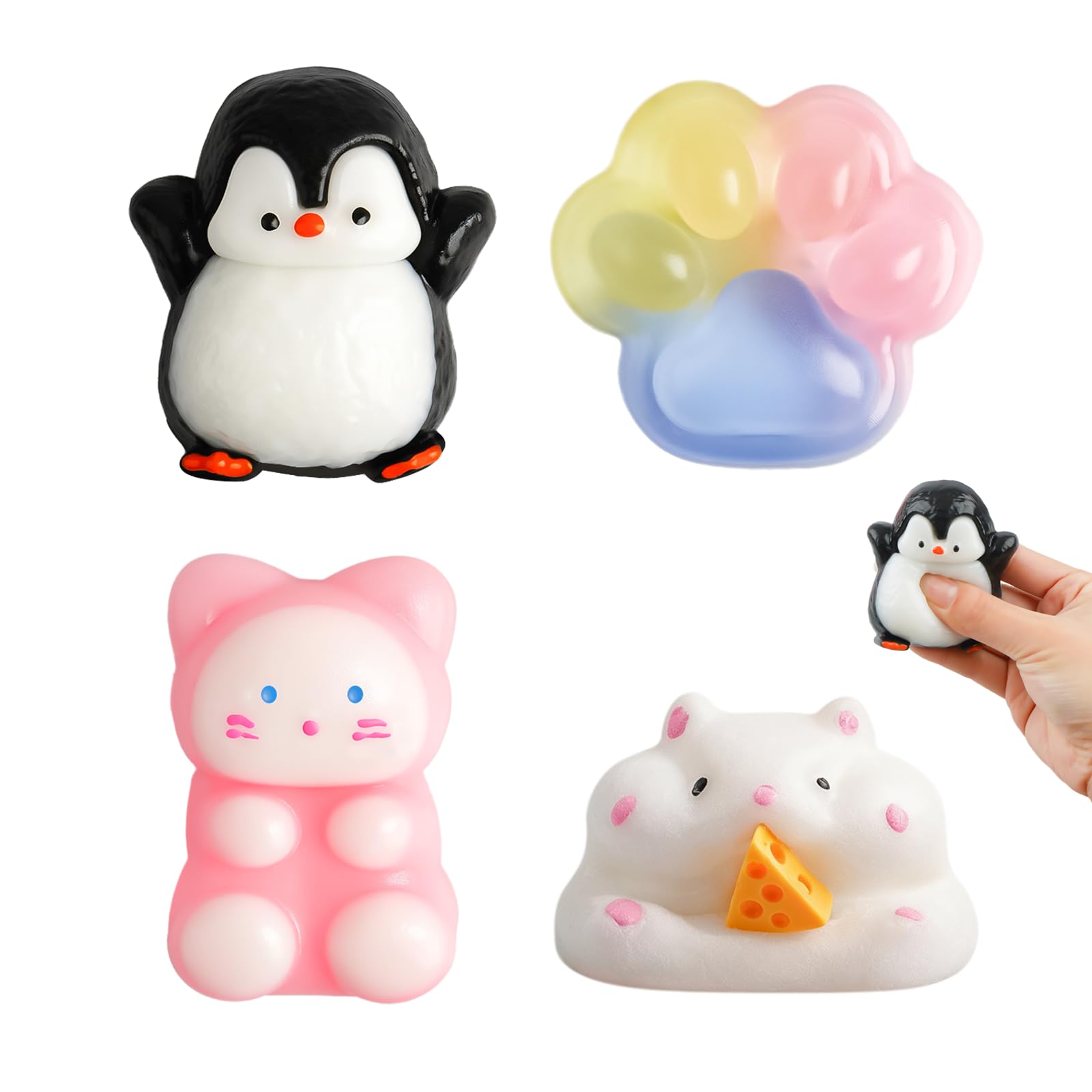 Taba Squishy Set, MAIGELITE 4Pcs Squeeze Toy Cat Paw Penguin Hamster Fufu for Stress Relief Fidget Squishy Toys Novelty Gifts for Birthday Easter Party Bag Fillers
