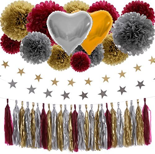 Tdvision 45pcs Art Tissue Party Decorations Tissue Pom Poms Flower Balls Tissue Tassels Tissue Five-Pointed Star Gardlands Heart Ballons for Wedding Birthday Party(Gold &amp; Silver)
