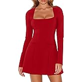 DAAWENXI Women's Casual Square Neck Mini Dress Long Sleeve A line Party Club Short Dress