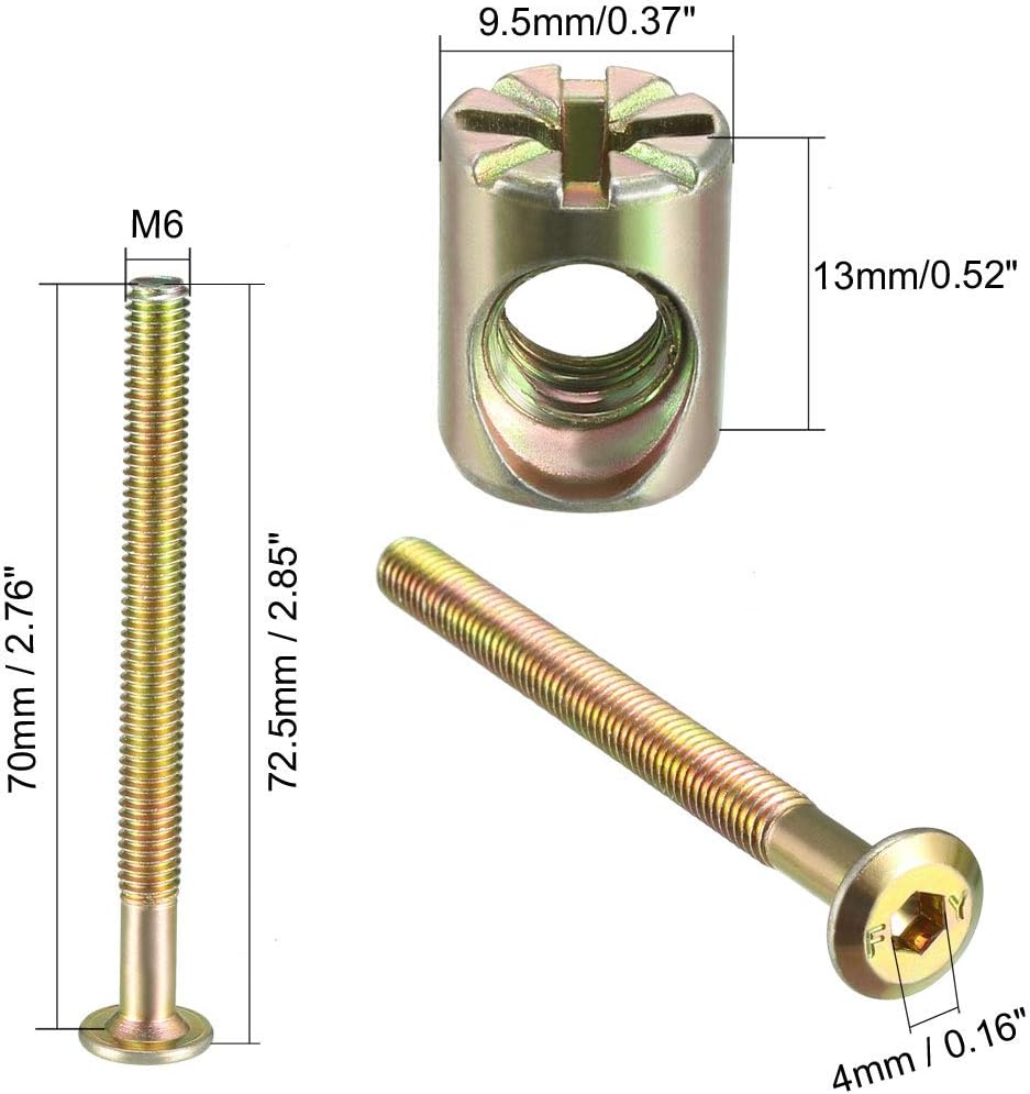 sourcing map M6x70mm Furniture Bolt Nut Set Hex Socket Screw 58mm Thread Length with Barrel Nuts for Beds Headboards Chairs 5 Sets - Image 4