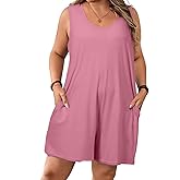 Eytino Womens Plus Size Jumpsuits Crew Neck Casual Sleeveless Solid Short Rompers with Pockets (1X-5X)