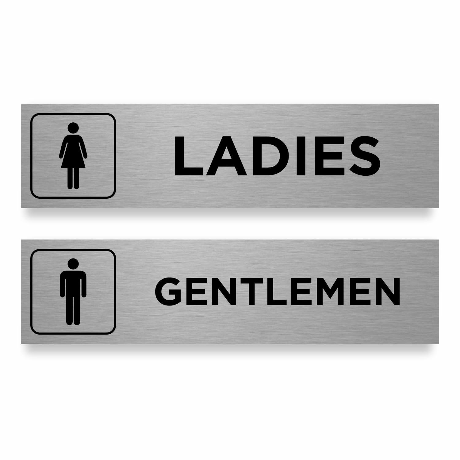 Slimline Aluminium Toilet Door Signs Twin Pack from ViroDisplay® - Gentlemen & Ladies Symbols - Brushed Silver - 200 x 50mm - Durable Printed Surface - Self-Adhesive Fixing — image 1