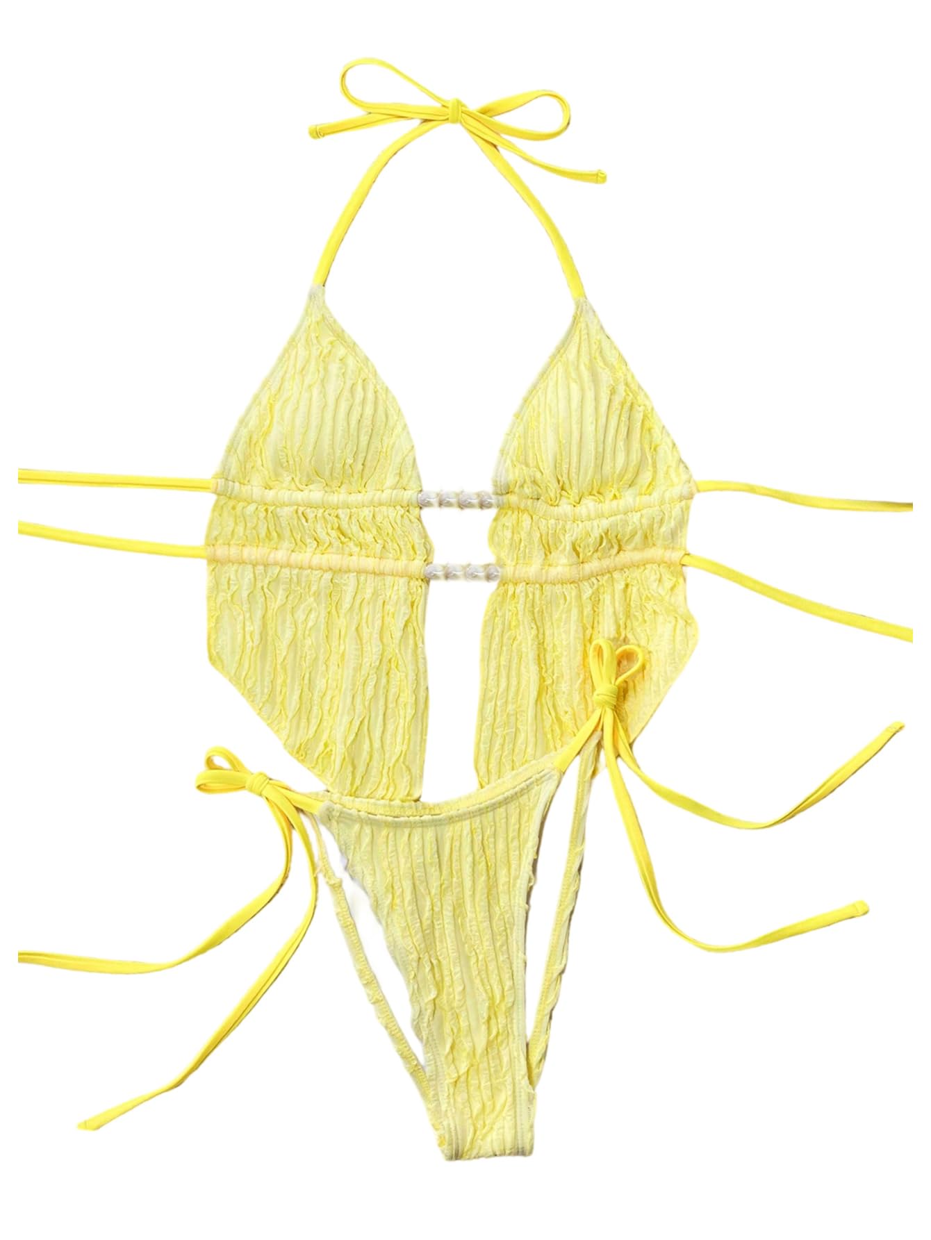 Photo 1 of SOLY HUX Women's Halter Tankini Swimsuits Tie Side String Bathing Suit Two Piece Swimsuit Plain Yellow Small