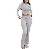 ANRABESS Women 2 Piece Outfits Fall Lounge Sets Long Sleeve Cropped Top Fold Over Flare Pants Comfy Pajamas Set Y2K Clothes