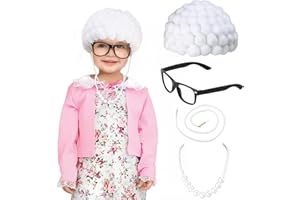Keymall Kids Old Lady Costume Set Old Granny Wig Eyeglasses Chain Necklace for Halloween Costume 100th Day Of School Dress Up