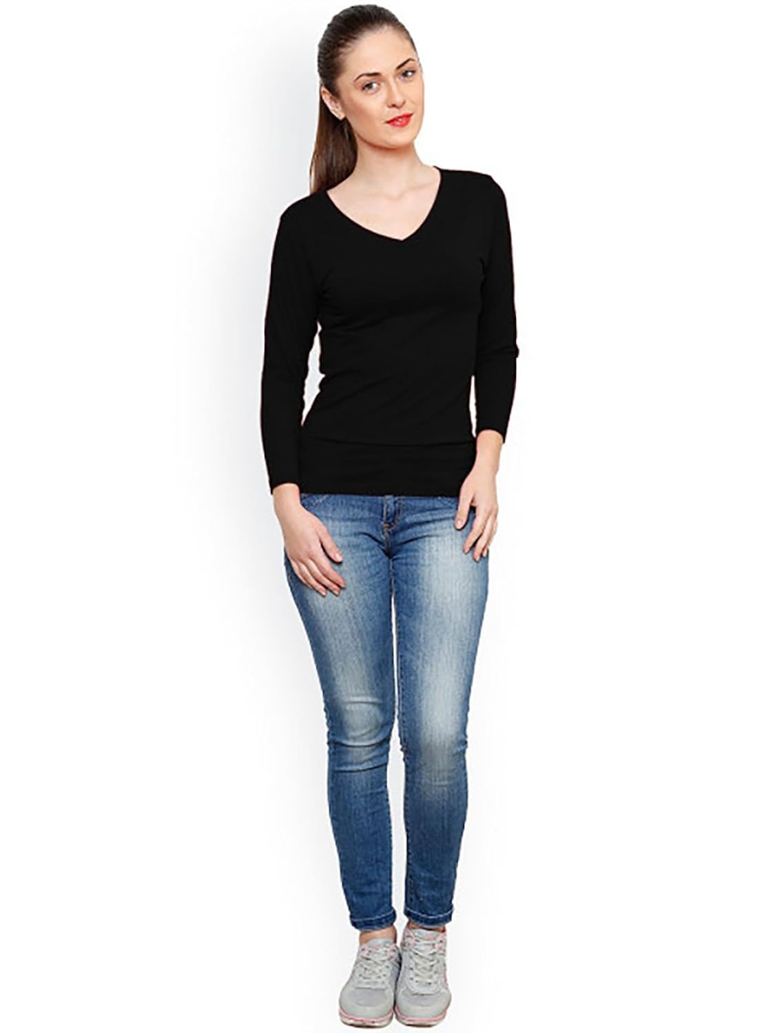 fashion fakir women's v neck solid black 100% soft cotton full sleeve stylish casual wear