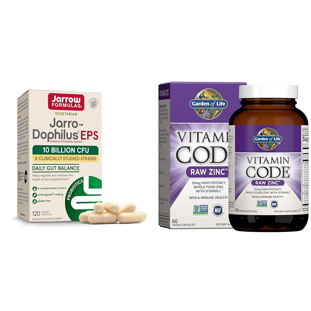 Jarrow Formulas Jarro-Dophilus EPS Probiotics 10 Billion CFU & Garden of Life Zinc Supplements 30mg High Potency Raw Zinc and Vitamin C Multimineral Supplement