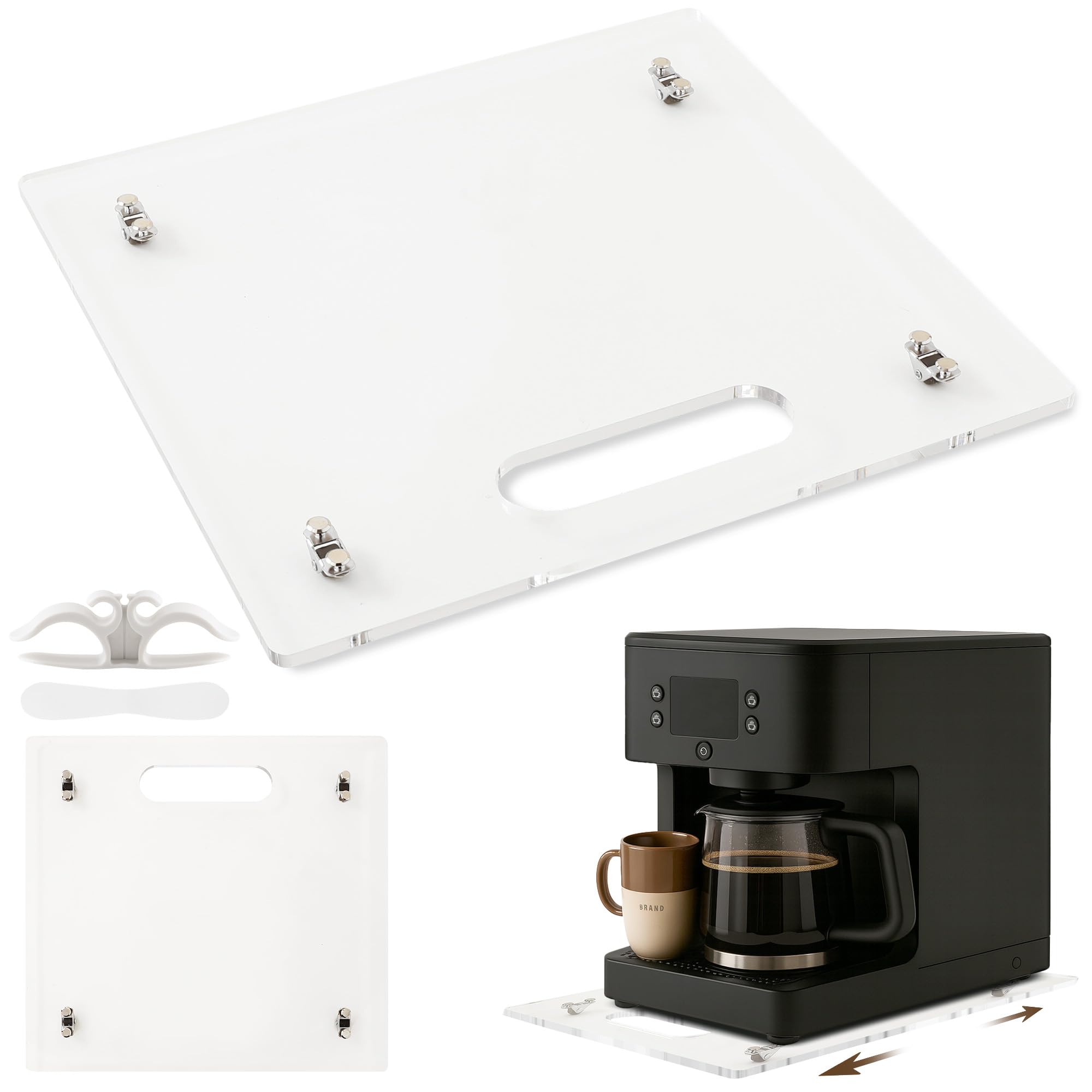 Photo 1 of Vane Oak Acrylic Appliance Slider with Wheels, Sliding Tray for Kitchen Appliances, Coffee Maker Tray for Counter, Countertop Moving Tray Accessories for Kitchen - 13" x 14" (Clear)