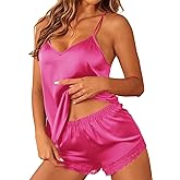 Ekouaer Satin Pajamas Women Lace Sleepwear Lingerie Cami Shorts Set Nightwear XS-XXL
