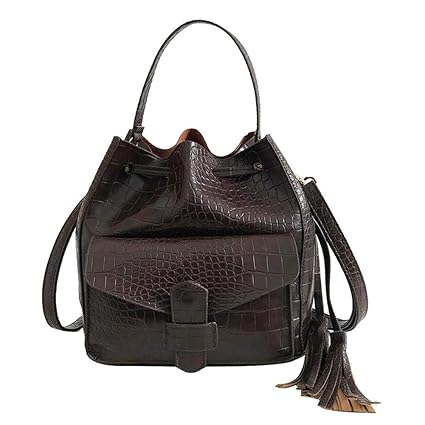 asiproper Stone Pattern Tassel Shoulder Handbags Women Travel Satchel Bags (Coffee)