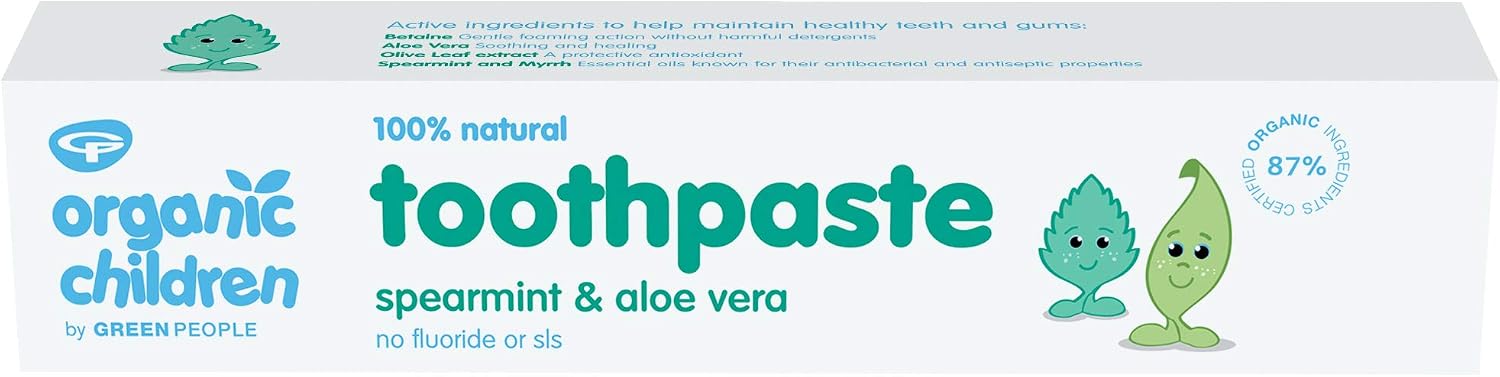 Green People Organic Children Spearmint & Aloe Vera Toothpaste, 100% Natural, for Kids, Fluoride & SLS Free, Vegan