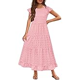 HOSIKA Girls Maxi Dress Ruffle Sleeve Swiss Dot A Line Tiered Flowy Casual Party Dresses with Pockets for 6-12 Y