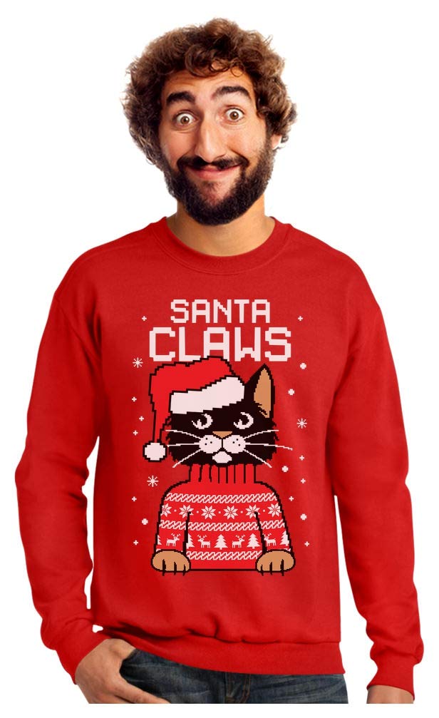 Photo 1 of Tstars Cat Santa Claws Mens Ugly Christmas Sweatshirt Tacky Sweater Style Xmas Holiday Sweatshirts for Men size M Red