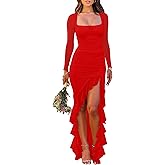 BORIFLORS Women's Ruched Bodycon Maxi Dresses Mesh Long Sleeve Square Neck Ruffle Hem Cocktail Party Dress