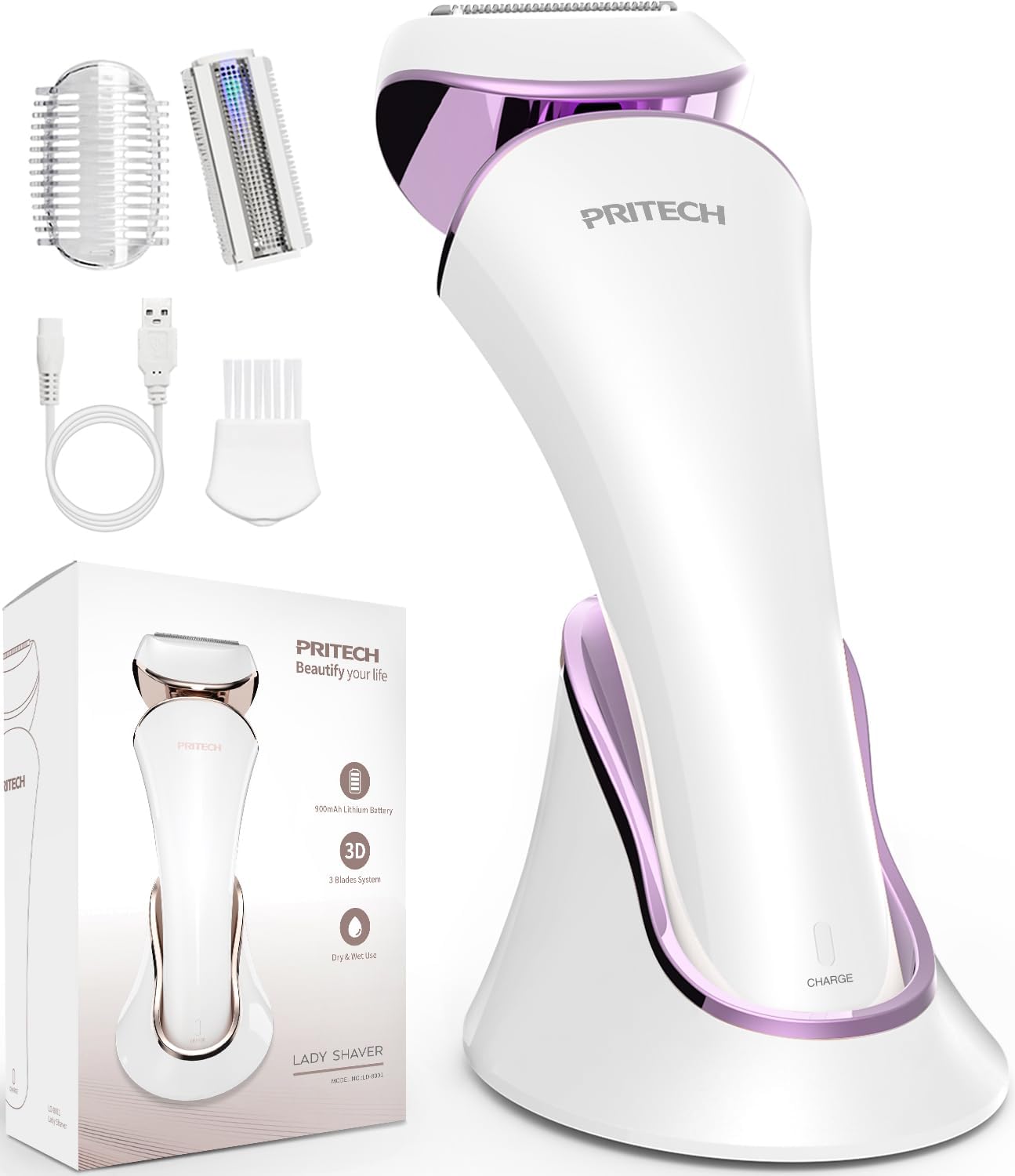 Photo 1 of PRITECH Electric Razor for Women - Rechargeable Shaver for Women Portable Lady Shaver for Legs, Arm, Underarms, Bikini, USB Rechargeable, Wet & Dry Waterproof Bikini Trimmer for Woman, Purple