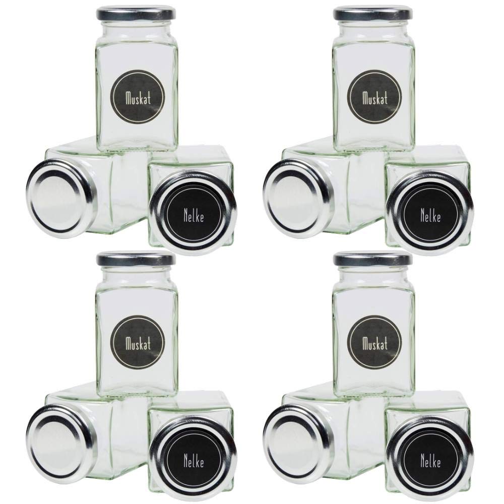 mikken 12 Square Spice Jars 260 ml with 24 Spice Labels Silver Lid