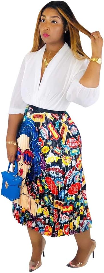 Women's Graffiti Pleated Skirts Cartoon Printed Elastic Waist A-Line Maxi Long Summer Skirt
