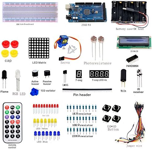 Greatwell 1602 LCD 2560 R3 Kit for Arduino Starter/Battery Case,Breadboard,Resistors,IR Recelver,Buzzer,LED Matrix,Remote Control,Servo Motor