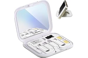 AMZPILOT Multifunctional Compact Cable Card, Portable Storage Box with Micro USB A Type C Light USB Adapter Kit, PD 60W Charging and Data Transfer 1FT Cable Kit, Sim Card Tray Eject Tool and Slots - White