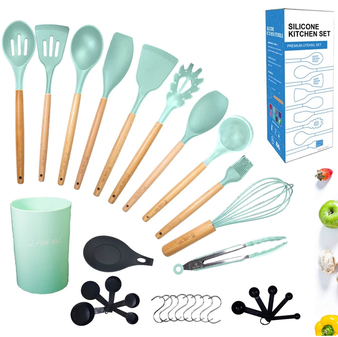 Pear Box Kitchen Cooking Utensils Set 33 pcs Non-Stick Silicone Spatula Set with Holder Whisk Hanging Hooks Wooden Handle Heat Resistant Gadgets Turner Tongs Measuring Spoons (Turquoise)