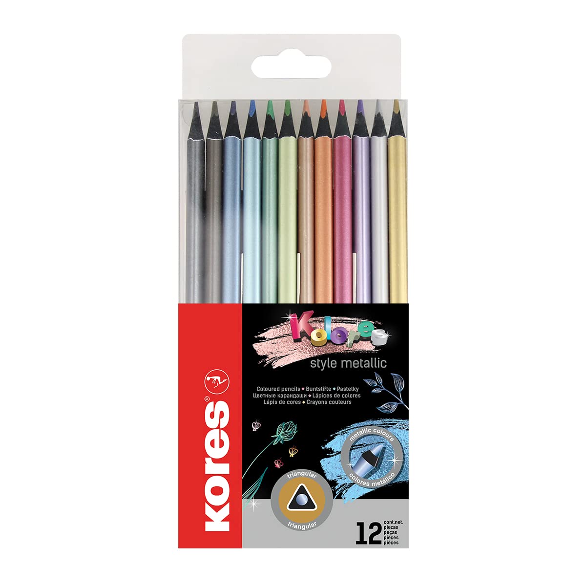 Kores - Metallic Kolores Style Metallic, Black Wood - 12 Triangular Colouring Pencils - Coloured Pencils with Soft Lead, Triangular Shape - Back to School Supplies - Set of 12 Assorted in Plastic Case