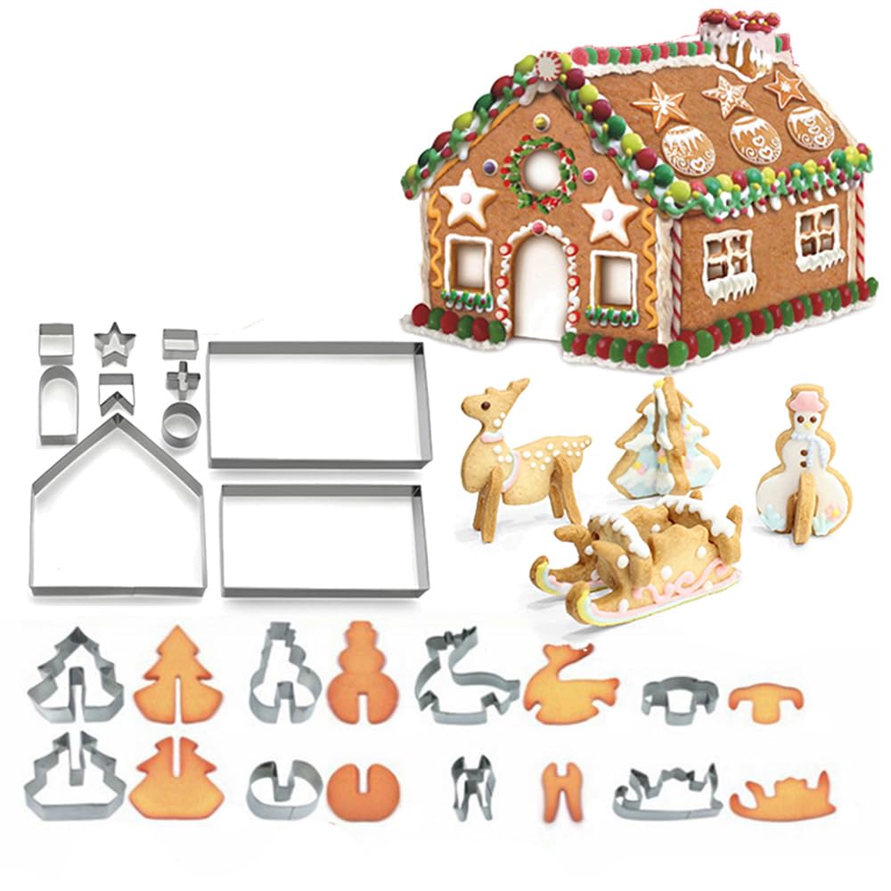 Beylos 18 Pcs 3D Christmas Cake Gingerbread House Cookie Cutters Set(Stainless Steel), Biscuit Tool Baking Molds, Gingerbread House & Christmas Tree Snowman Sleigh Elk Shapes