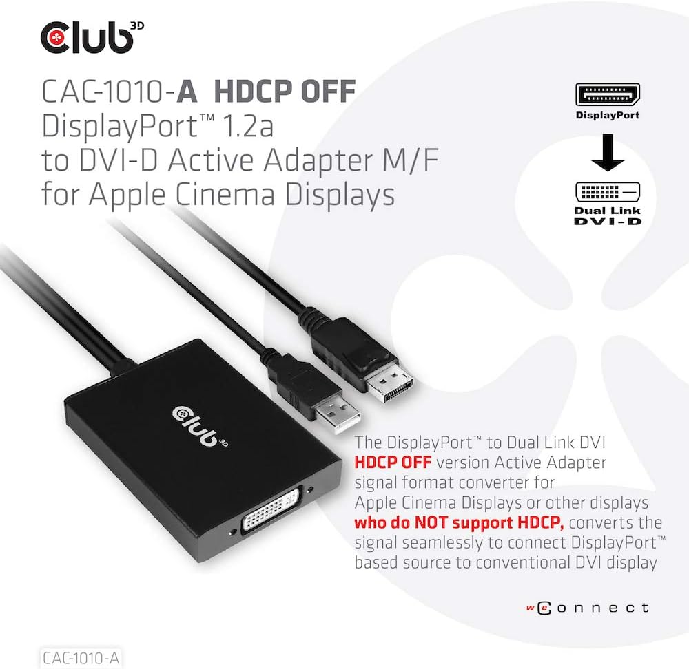 Club 3D CAC-1010-A Active DisplayPort to DVI-D HDCP OFF Adapter for Cinema Displays, Black - Image 3