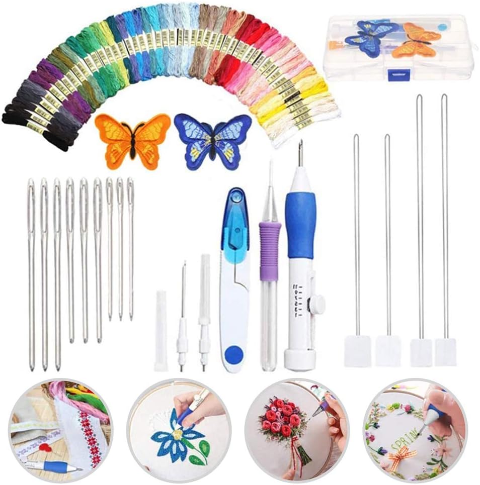 moonmoonlala Embroidery Starter Tool Kit,with 50 Colours Threads DIY sewing embroidery cross stitch kit Magic Embroidery Pen Punch Needle Set for Beginner