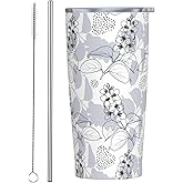 JASROTAO Gray flower Tumbler,Flowers 20oz Stainless Steel Insulated Travel Tumblers,Travel Coffee Mug with Lid and Straw Water Bottle Drink Tumbler Cups Gifts for Women Men Lovers