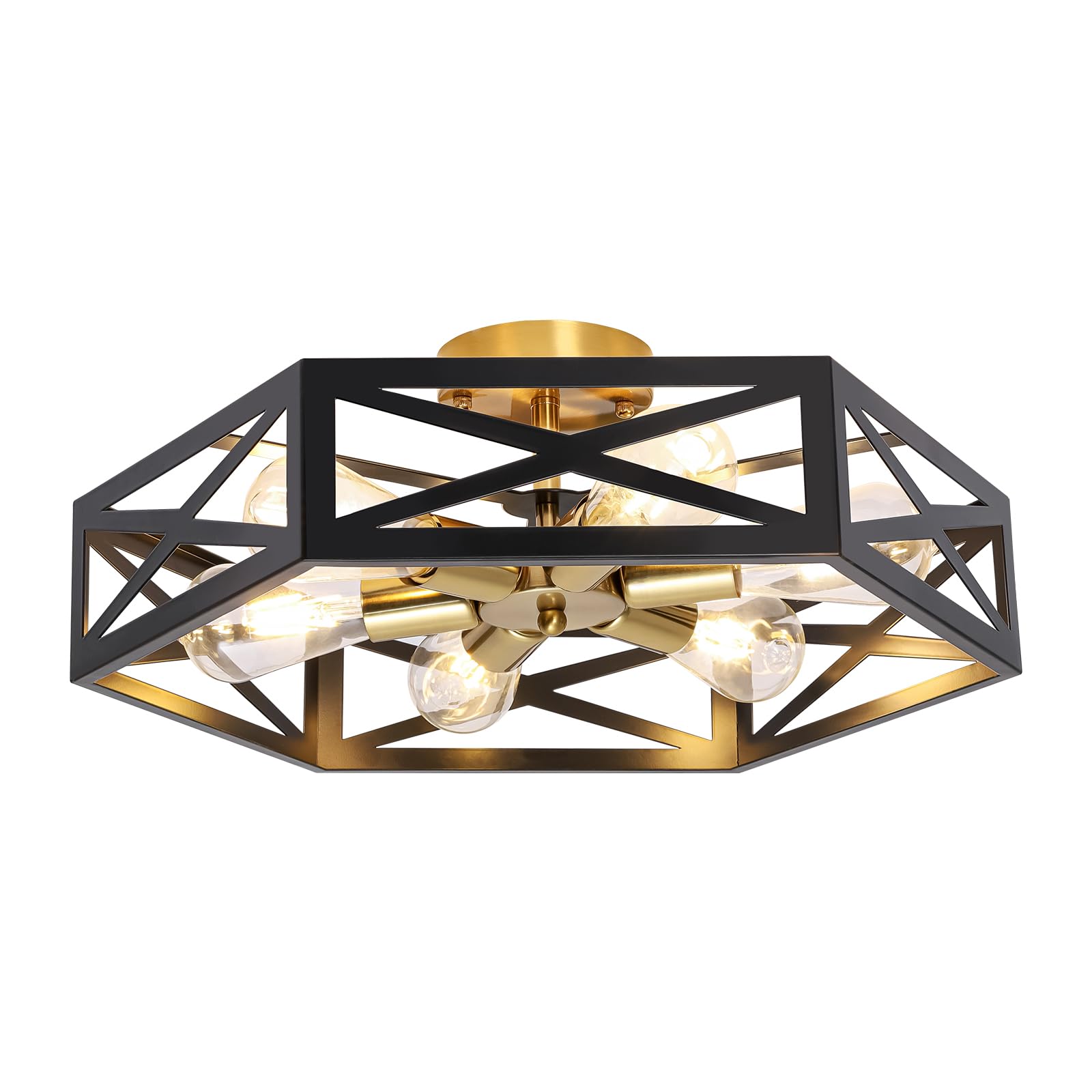 Photo 1 of Naurham 6-Light Semi Flush Mount Ceiling Light, Large Black and Gold Fixtures Ceiling Mount with Hexagon Cage, Metal Industrial Close to Ceiling Light for Hallway, Kitchen, Bedroom (19.68''L)