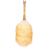 FeelfunFeather Feather Duster, Lambswool Duster for Cleaning,with Solid Wooden Handle,Leather Hang Strap,Anti-Static 14.9 inch Washable Reusable Small Hand Duster(Natural) for Office, Home and Car