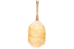 FeelfunFeather Feather Duster, Lambswool Duster for Cleaning,with Solid Wooden Handle,Leather Hang Strap,Anti-Static 14.9 inch Washable Reusable Small Hand Duster(Natural) for Office, Home and Car