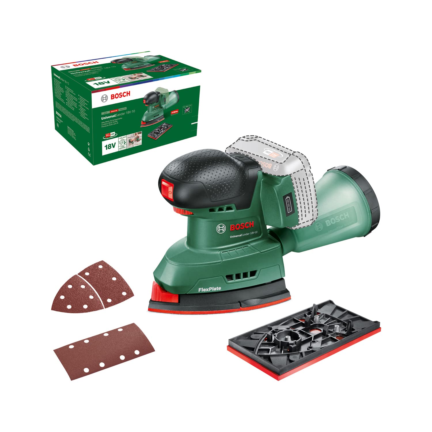 Bosch Akku-Schleifer UniversalSander 18V-10 (ohne Akku; 18 Volt System; für die DIY-Holzbearbeitung; 2x Schleifpapier; im Karton)