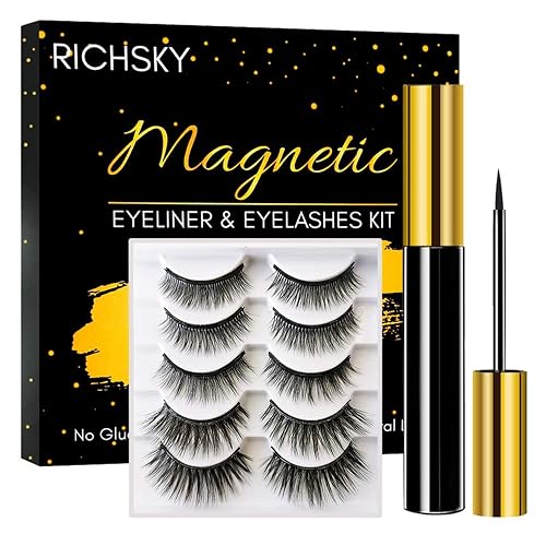 Richsky Magnetic Lashes and Eyeliner, 3D Reusable Natural Magnetic Eyelashes Waterproof Set with 10ml Upgraded Hypoallergenic Magnetic Eyeliner Kit,Easy to Apply-No Glue(5 Pairs)