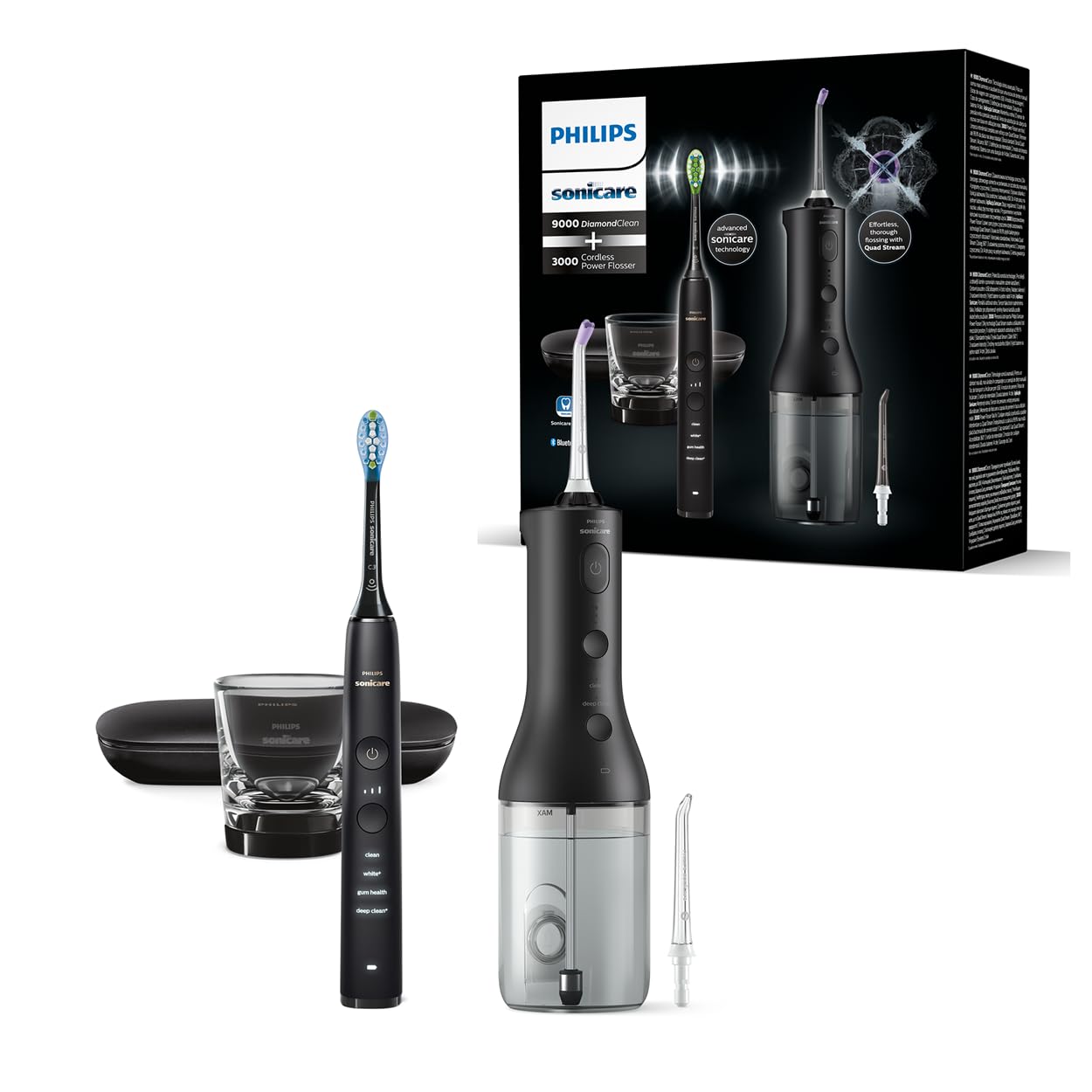 Philips Sonicare kabellose Power Flosser Munddusche und DiamondClean 9000 elektrische Zahnbürste – Saubere Zähne, sauberes Zahnfleisch und Plaque-Entfernung, schwarz (Modell HX3886/43)