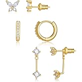 Gold Stud Earrings Jewelry Set - 3 Pairs 14K Gold Plated Earring Stacks Aretes, Huggie Jacket Hoops for Multiple Piercing,Hypoallergenic Lightweight Trendy Cartilage Ear Rings for Women Gifts for Her